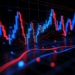 Poster - A sleek D stock chart with blue and red candlesticks, showing financial market trends