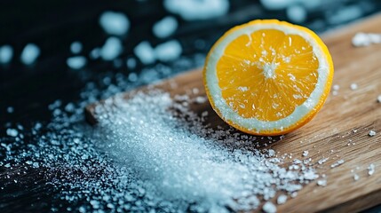 Aufkleber - Freshly Cut Orange with Sugar on Wooden Surface Showcasing Vibrant Color and Texture : Generative AI