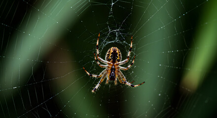 A spider waits patiently in the center of its intricate web against a green backdrop. This arachnid predator is a patient hunter, using its silken trap to catch prey.