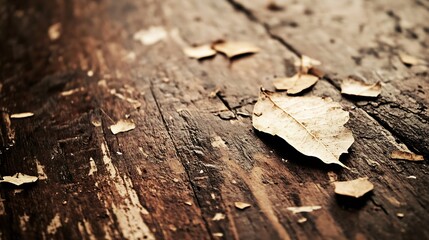 Poster - Close Up of Dry Autumn Leaves on a Rustic Wooden Surface : Generative AI