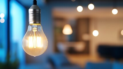 Canvas Print - Stylish Hanging Light Bulb in a Modern Interior with Soft Bokeh Background : Generative AI