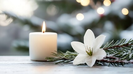 Aufkleber - Serene Composition of a Candle and a White Flower with a Christmas Background : Generative AI