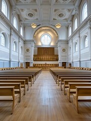 Wall Mural - Elegant Church Interior with Wooden Benches and Bright Skylights for Worship and Reflection : Generative AI