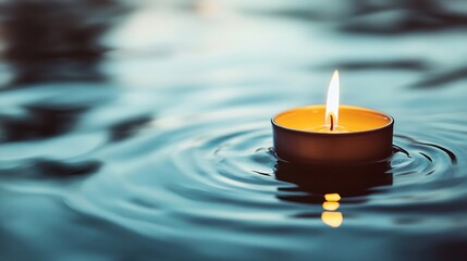Leinwandbilder - Serene Floating Candle in Calm Water Creating Ripples and Reflection : Generative AI
