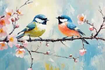 Naklejka na meble Beautiful birds perched on a blossoming branch with colorful flowers in a serene natural setting, beautiful birds sit on a blossoming branch