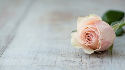 Poster - Beautiful pink rose on wooden surface in soft natural light for floral design and decoration : Generative AI