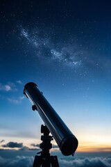 Aufkleber - Telescope Focused on Starry Sky with Galaxy and Twilight Colors in the Background : Generative AI