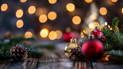 Poster - Beautiful Festive Setting with Christmas Ornaments and Pine Cones on Wooden Table : Generative AI