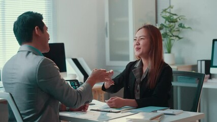 Fototapete - Business partners sealing successful partnership through confident handshake, celebrating collaborative agreement with professional enthusiasm within modern corporate workspace