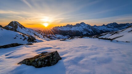 Wall Mural - Stunning Mountain Landscape at Sunrise with Dramatic Sunbeams and Snow-Capped Peaks : Generative AI