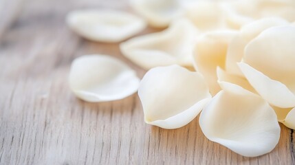 Aufkleber - Delicate white rose petals scattered gracefully on a wooden background : Generative AI