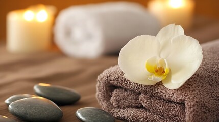 Aufkleber - Luxury spa setting with towels stones and white orchid in soft candlelight ambiance : Generative AI