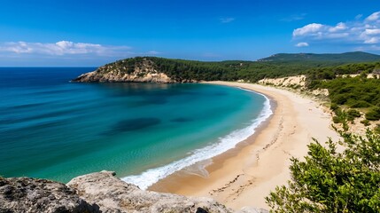 Wall Mural - Stunning Coastal View of a Serene Beach Surrounded by Lush Green Cliffs and Clear Blue Water : Generative AI