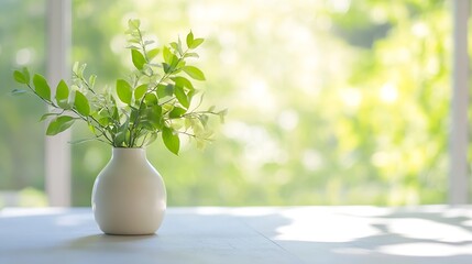 Poster - Fresh Green Leaves in a Minimalist White Vase Bathed in Soft Natural Light : Generative AI
