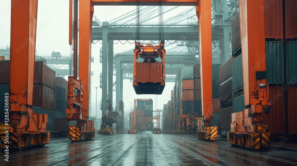 Container being lifted at shipping port front view Cargo handling ...