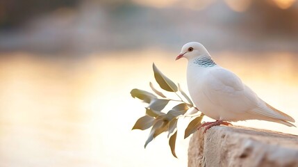 Poster - Beautiful white dove perched on a stone with an olive branch symbolizing peace and tranquility : Generative AI