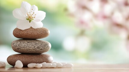 Aufkleber - Serene Stacked Stones with White Flower on Natural Background Relaxation and Peaceful Vibes : Generative AI