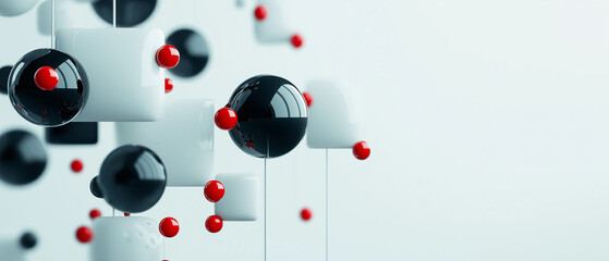 Poster - Abstract design with black and white spheres and red accents on light background