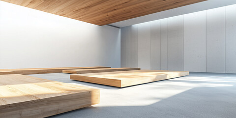 Poster - minimalist co working space with wooden platforms and natural light