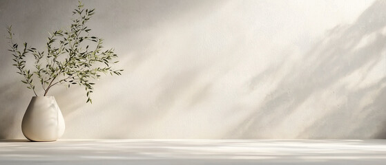 Poster - minimalist scene with vase and plant casting soft shadows on neutral toned background