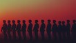 © MakeitEasy - Silhouetted figures at sunset, group of people standing together, warm tones creating a sense of unity and calm, inspirational setting.
