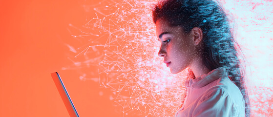 Poster - young woman confidently typing on her laptop surrounded by digital effects