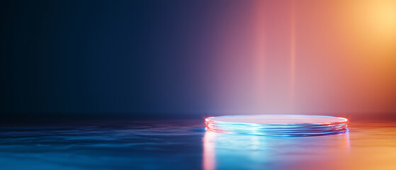 Aufkleber - glowing circular platform with radiant fiber optic lights on reflective surface