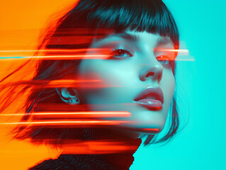 Aufkleber - woman with short hair in duotone portrait with dynamic light streaks
