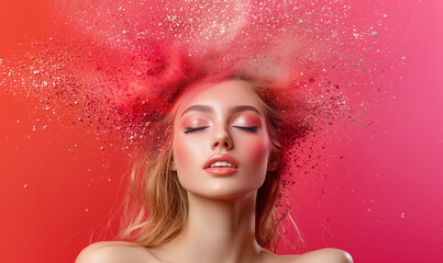 Aufkleber - woman with closed eyes and vibrant makeup is surrounded by colorful powder against gradient background