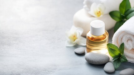 Aufkleber - Spa essentials with a glass bottle of essential oil modern towels and orchid flowers on a serene background : Generative AI