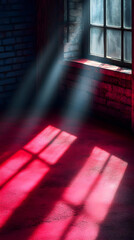 Wall Mural - Sunlit Room with Brick Walls and Window Casting Red Shadows Creating a Dark and Dramatic Indoor Scene with Ray of Light