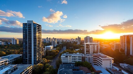 Canvas Print - Urban Skyline at Sunset with Glowing Sun Behind Modern Buildings : Generative AI