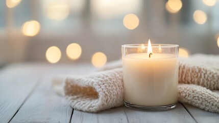 Poster - Serene Candle Burning with Cozy Light and Knitted Blanket in a Tranquil Setting : Generative AI