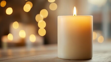 Canvas Print - Softly Glowing Candle with Warm Light and Blurred Bokeh Background for Romantic Settings : Generative AI