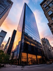 Poster - Beautiful Modern Skyscraper at Sunset Reflecting City Lights and Cloudy Sky : Generative AI