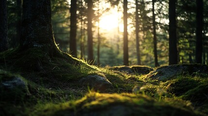 Poster - Sunlight Streaming Through Tall Trees in Serene Forest Setting : Generative AI