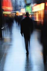 Fototapete - Blurry Silhouette of Walking Person in Busy Urban Street for Movement Theme : Generative AI
