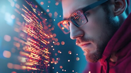 Wall Mural - a close up shot of a computer screen displaying lines of code rapidly scrolling as a hacker attempts