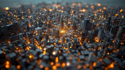 Wall Mural - an aerial view of a cityscape illuminated by glowing lines representing digital connections, showcas