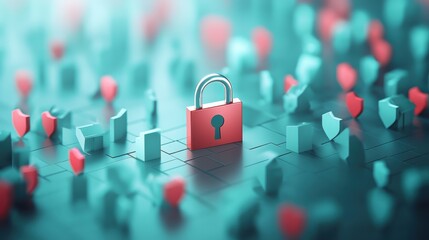 Wall Mural - a conceptual image of a padlock surrounded by digital shields and firewalls, symbolizing the ongoing