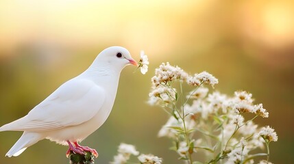 Poster - Beautiful White Dove Holding Flower in Its Beak Surrounded by Delicate Flowers in a Soft Background : Generative AI