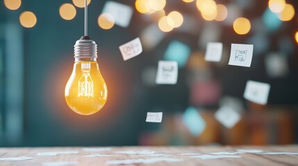 Wall Mural - A lone light bulb suspended in a dark space, emitting a warm, inviting glow, surrounded by scattered sketches and scribbles on a wooden table, symbolizing the birth of an idea.