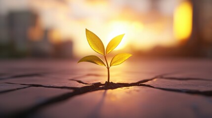 Wall Mural - a single seedling sprouting from cracked concrete, reaching towards the sun, representing the resili