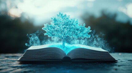 Wall Mural - an open book with pages turning by themselves, revealing a vibrant, fantastical world within, symbol
