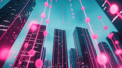 Wall Mural - a futuristic cityscape at night, with towering skyscrapers interconnected by glowing lines represent