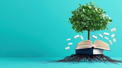 Wall Mural - a tree with roots growing into a network of interconnected books, symbolizing the foundation of know
