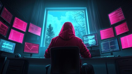 Wall Mural - a hooded figure in a dark room illuminated by the glow of multiple computer screens, working on cybe
