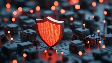 Wall Mural - a graphic illustration of a shield protecting a computer network from cyberattacks, with glowing lin