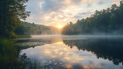 Canvas Print - Serene Misty Sunrise Over Tranquil Lake Surrounded by Lush Forest : Generative AI