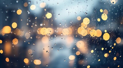 Poster - Raindrops On Window Glass With City Lights Providing Cozy Atmosphere During Rainy Weather : Generative AI